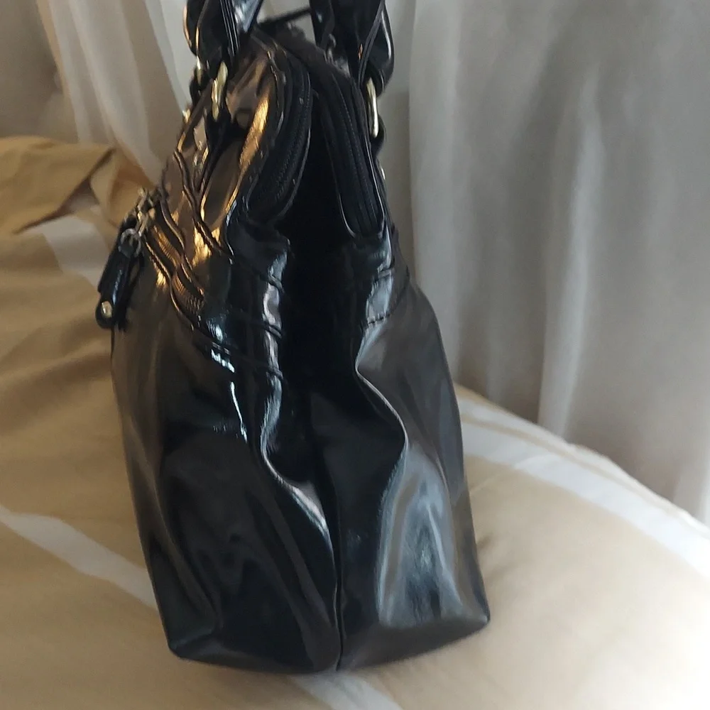 Marc Fisher Women's Black Faux Patent Zip Leather Hobo Bag Purse